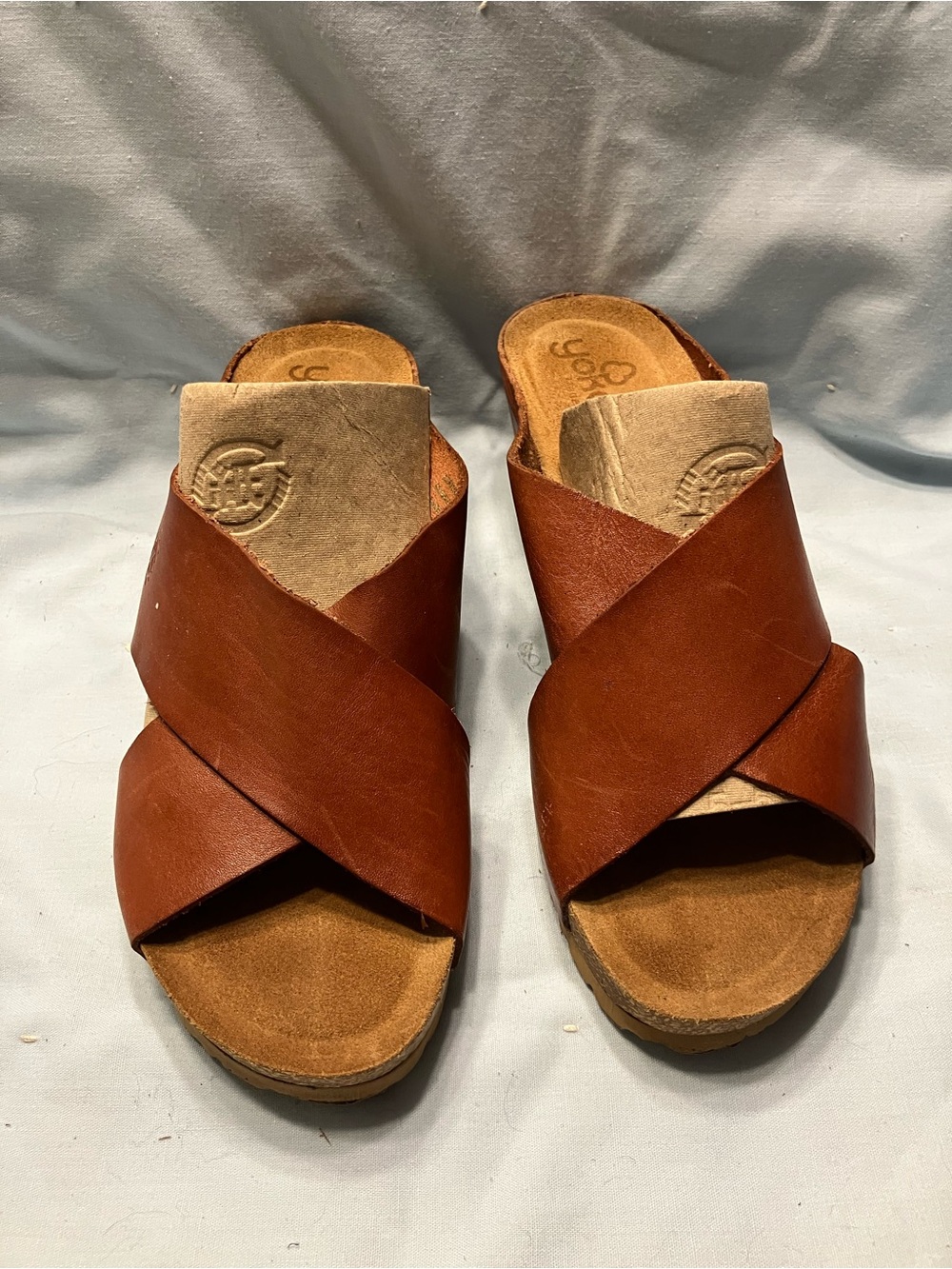 Brown Leather Yokono Cross-Strap Slide Sandals